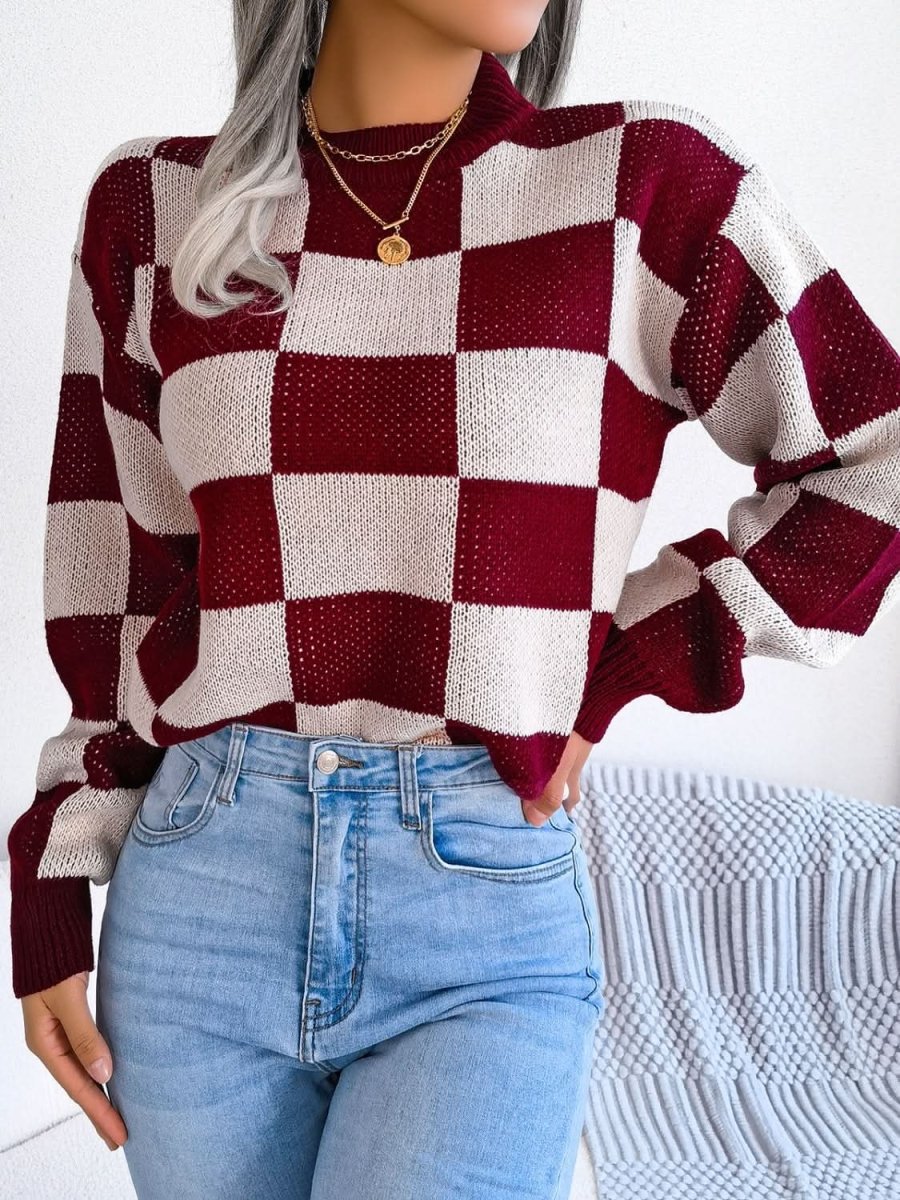 Checkered Mock Neck Long Sleeve Sweater - Love Salve